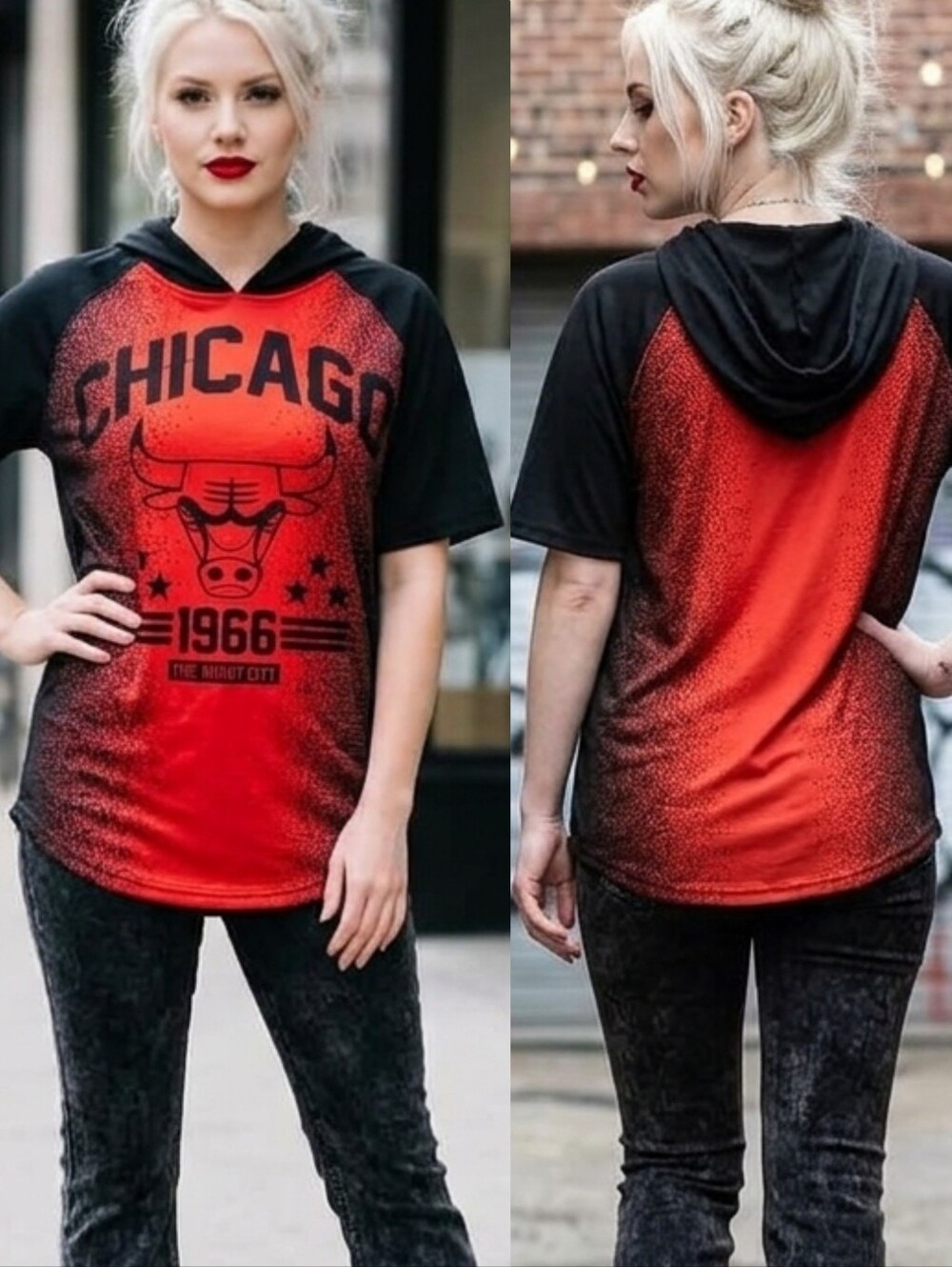 Vtg 90s NBA red blk Chicago Bulls 1966 windy city graphic hoodie shirt M